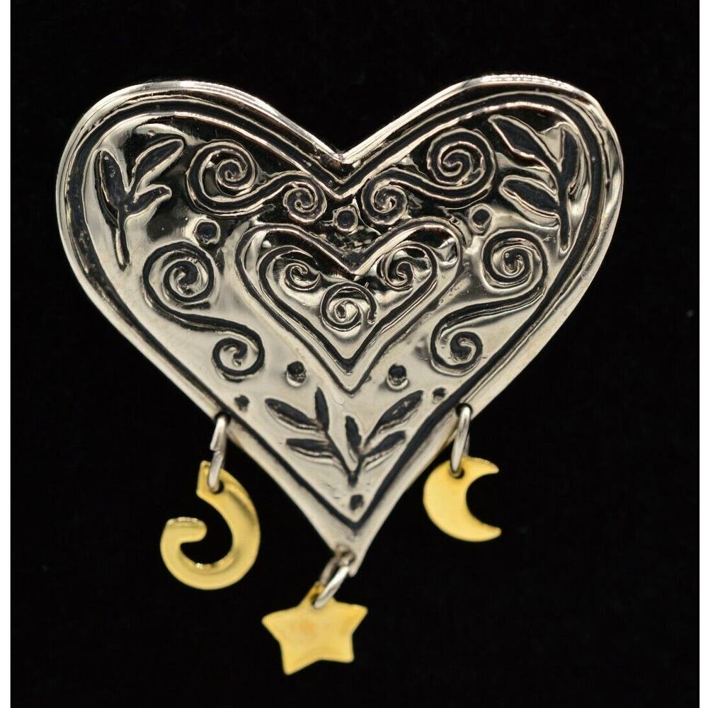 Vintage Heart Pin Brooch Celestial Charm Silver Gold Dangle Moon Star 1980s BinJ